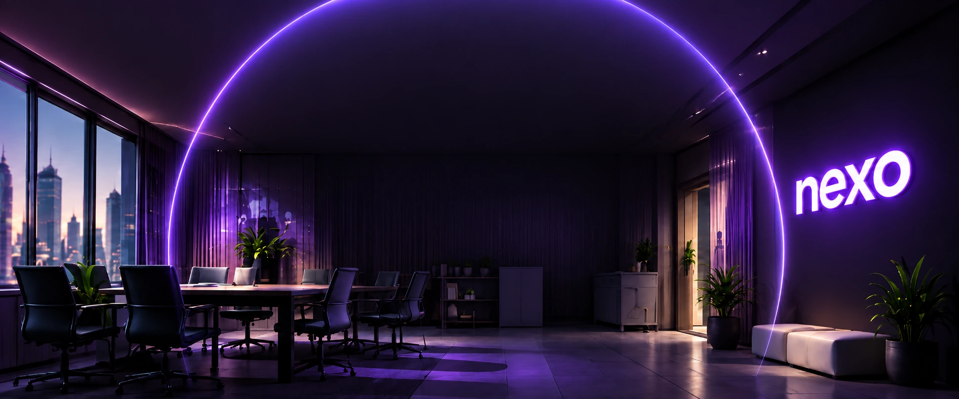 Sala de reunião premium com a marca Nexo iluminada na parede